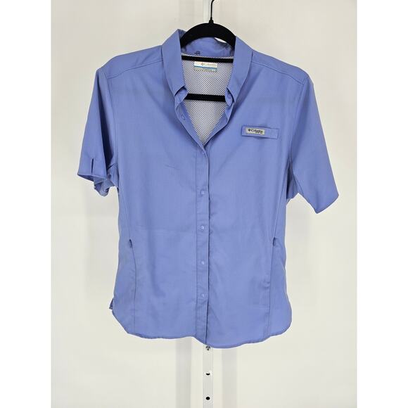 Columbia PFG Womens M Short Sleeve Vented Fishing Shirt Light Purple Snap Front - Picture 1 of 5